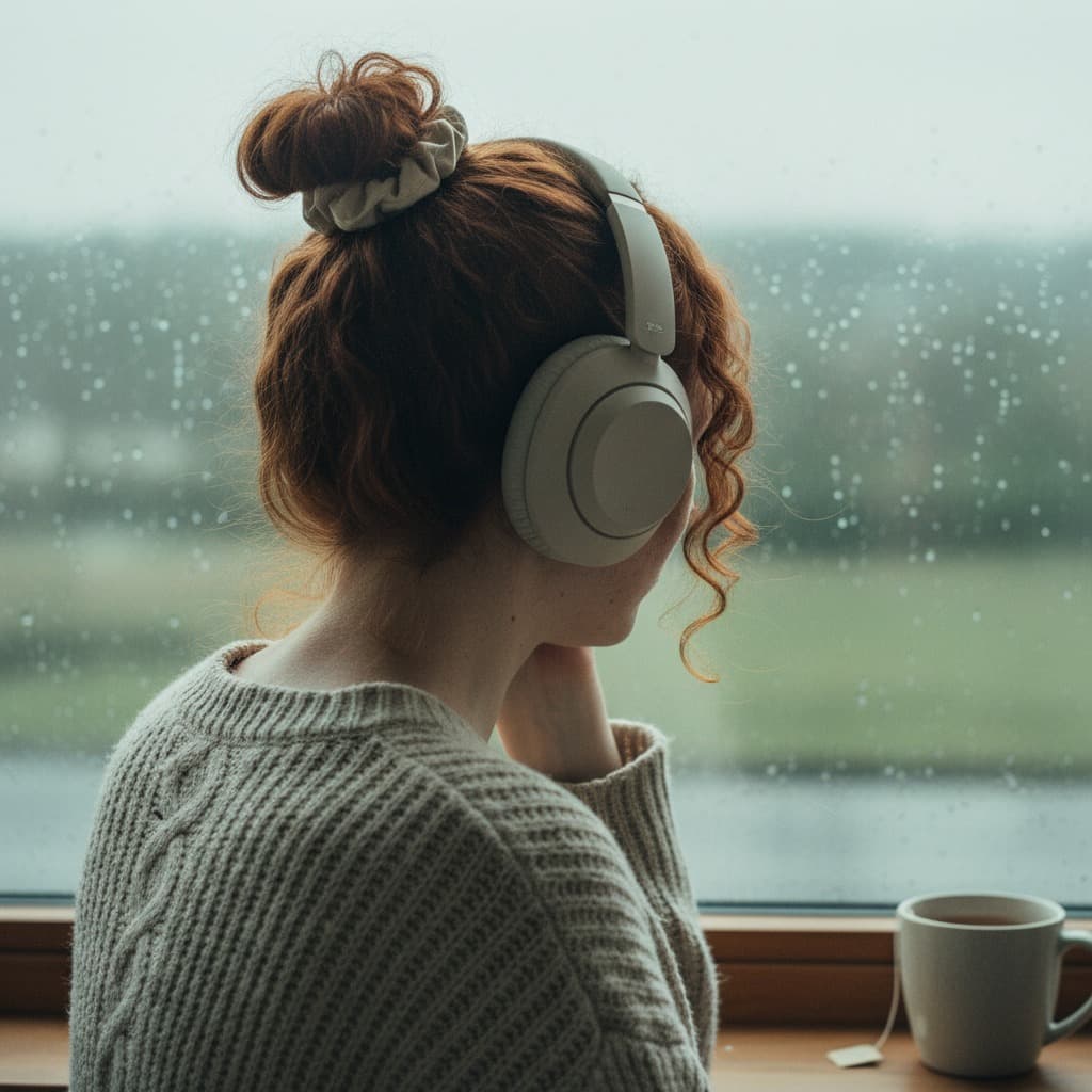 Woman with red curly hair wearing over-ear headphones looking out rain-covered window