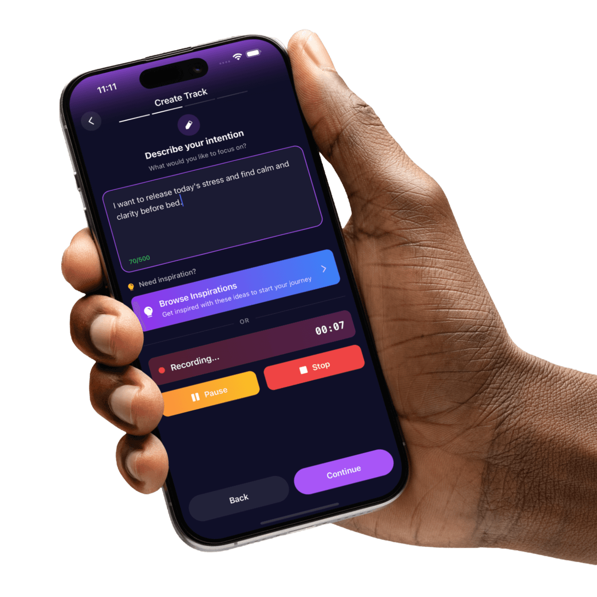 Hand holding iPhone showing Vibrae’s personalized intention screen where you describe your goal