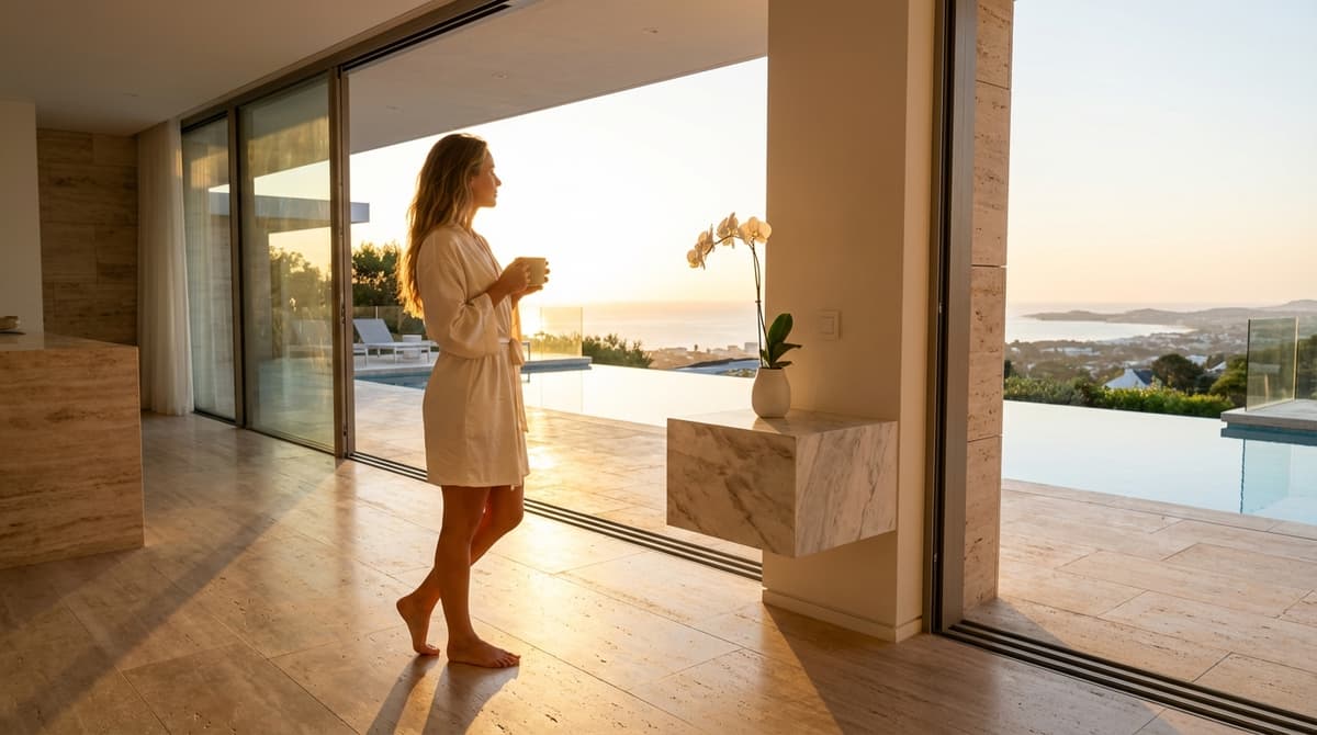 Woman in white robe holding a coffee cup, looking out over an infinity pool and ocean at sunrise