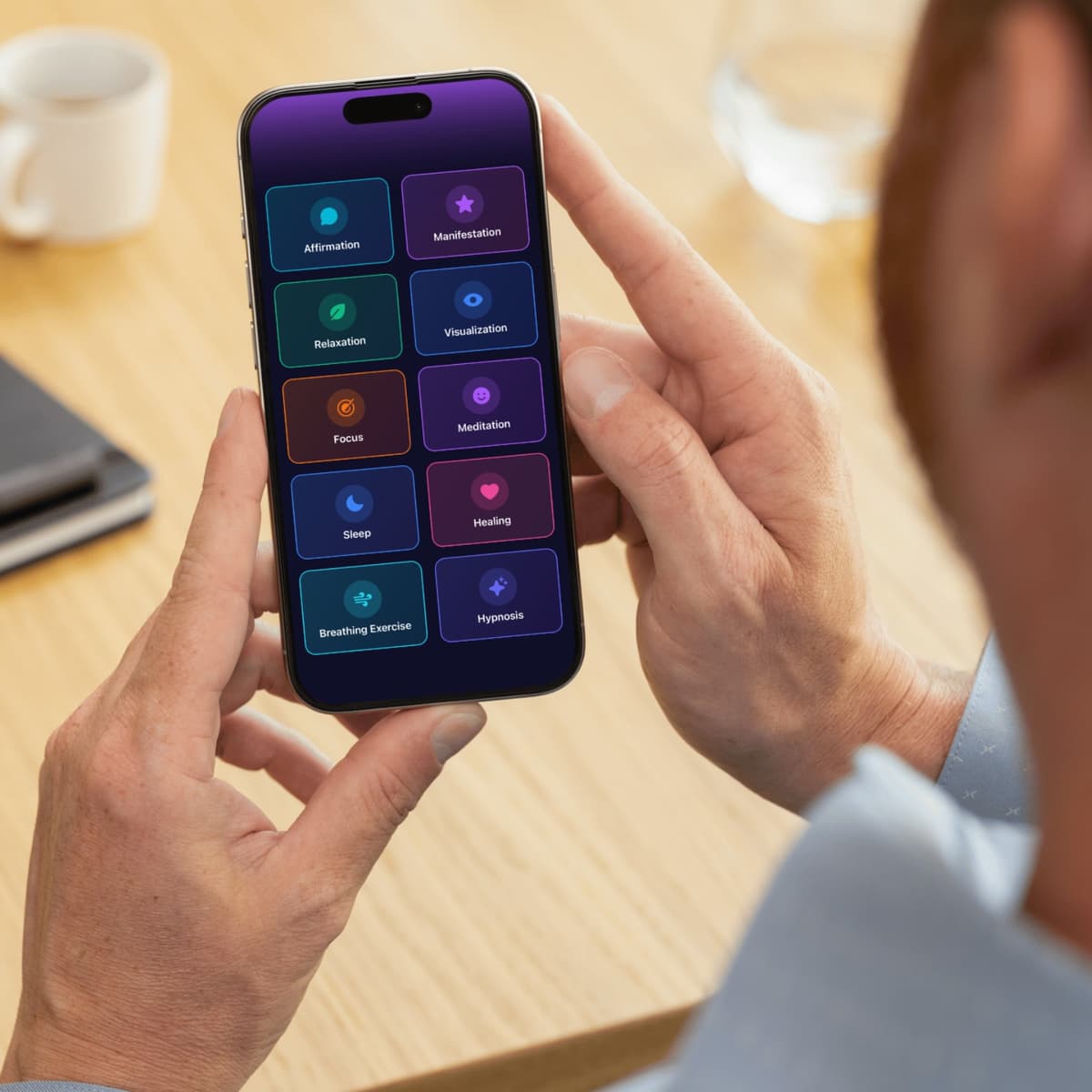 Person holding iPhone showing Vibrae audio category grid with affirmation, manifestation, meditation, sleep, and more