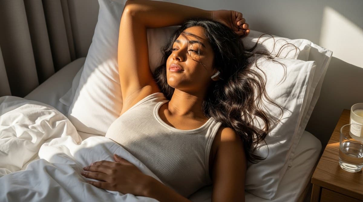 Woman sitting on edge of bed in morning light with venetian blind shadows, holding phone, just waking up