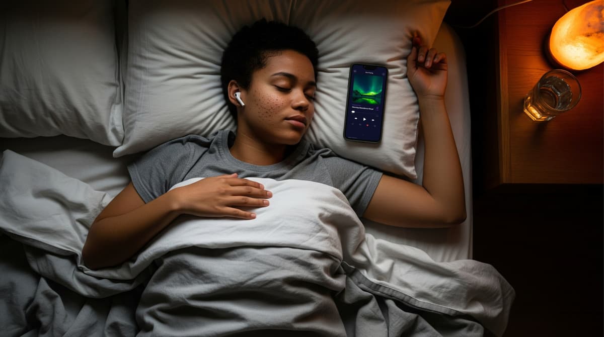 Woman sleeping peacefully in bed with wireless earbuds, phone glowing on pillow