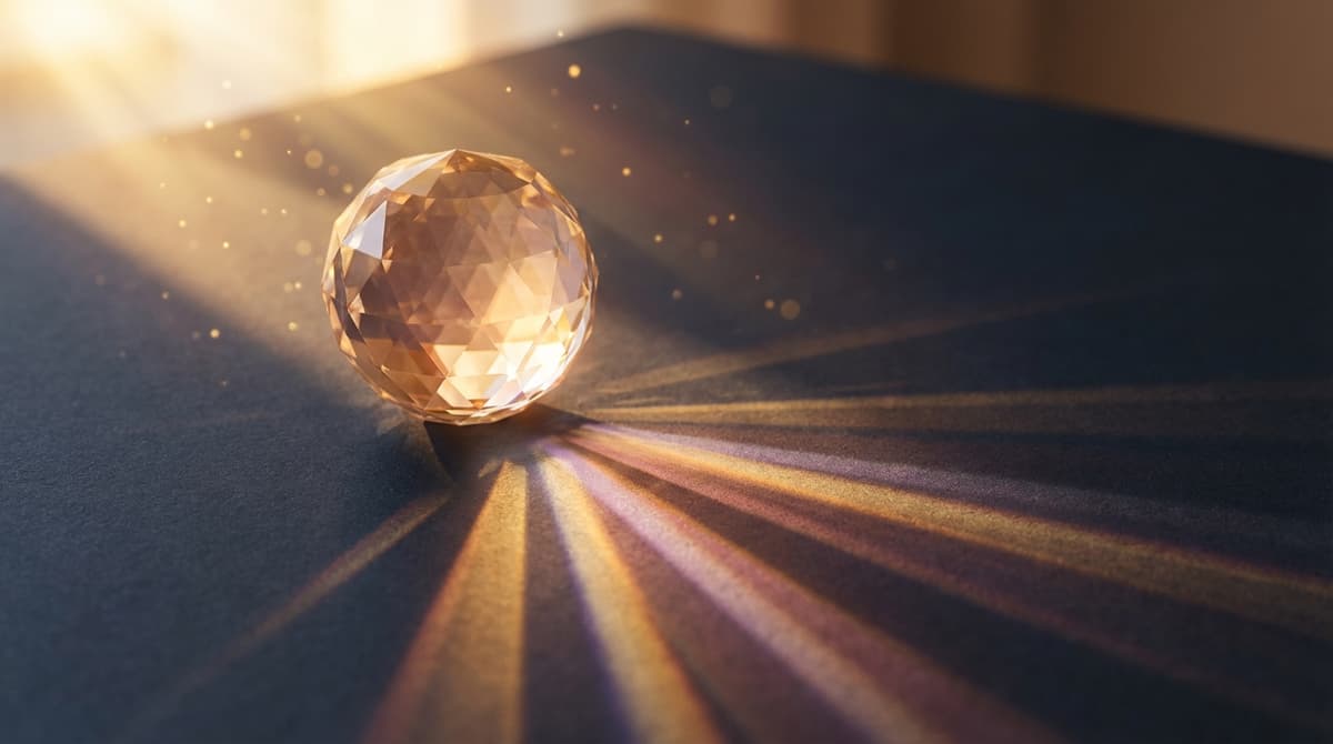 Crystal sphere refracting sunlight into a vibrant prismatic spectrum across a dark surface